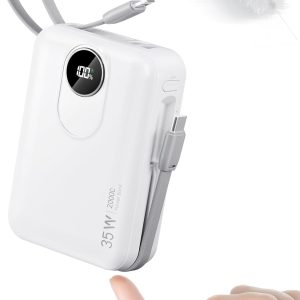 Built-in Cable 20000mAh Power Bank: 35W Fast Charging External Battery for Mobile Phone, USB C (Input & Output) Battery Pack, Portable Charger with 4 Outputs & 2 Inputs-White
