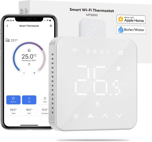 Meross Smart Thermostat for Combi Boilers and Underfloor Water Heating, Glass Touch Panel, Schedule and Multi-room Function, Hubless, Compatible with Apple HomeKit, Amazon Alexa, Google Assistant