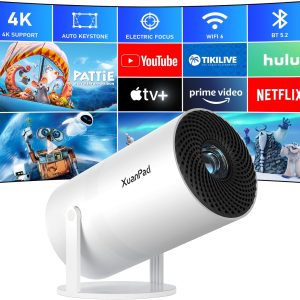 [Official Netflix Certified & Electric Focus] Mini Projector – WiFi & Bluetooth, XuanPad 1080P Supported, Portable Projector with 210° Rotatable Stand, Auto Keystone, Dust Removal & Cooling Design