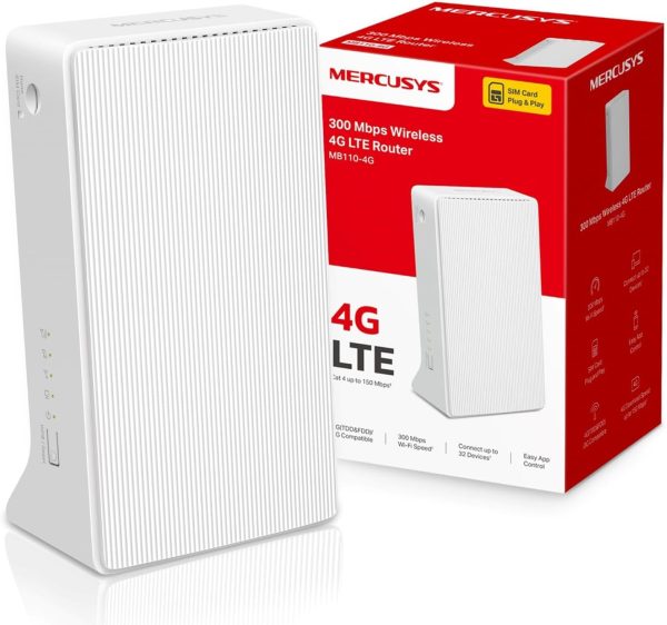 MERCUSYS MB110-4G N300 WiFi 4G Router, 4G Router with Sim Slot, Sim Card Router, TP-Link WiFi Router, Plug & Play, Ethernet Port, Superfast 4G LTE Speed, 4G External Antenna Ports, App Control