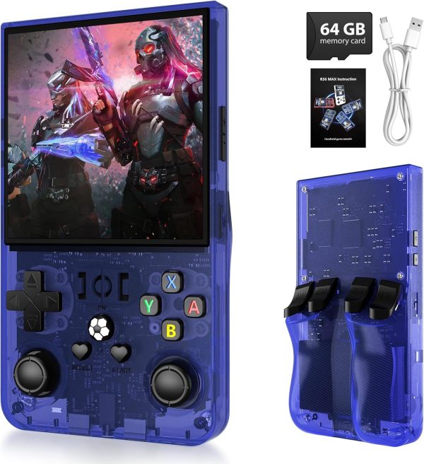 2025 Upgrade R36MAX Retro Handheld Game Console with 64GBuilt-in 18000+ Classic Games, Portable Video Gaming Console Linux System 4.0 Inch IPS Screen, 4000mAh Rechargeable Battery-Blue