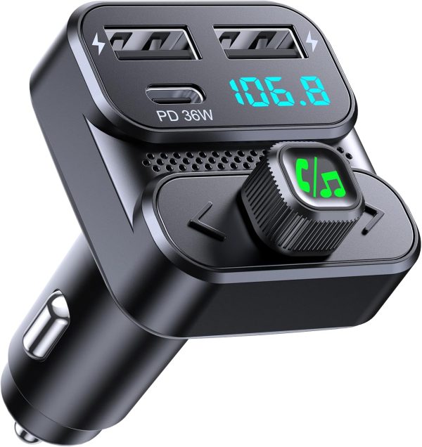 Bluetooth Car Adapter, Car Bluetooth 5.3 FM Transmitter with PD 36W+Dual USB Fast Car Charger, Wireless Car Radio FM Transmitter, Hands-Free Calls & Voice Assistant, HiFi Sound, Rebound Knob