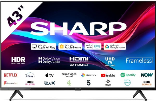 SHARP 43GJ4K 43-Inch 4k Ultra HD Smart Frameless Roku TV™ in Black with Active Motion 400, HDR10 Support, Freeview Play, Pre-Installed Apps, 3x HDMI & 2x USB