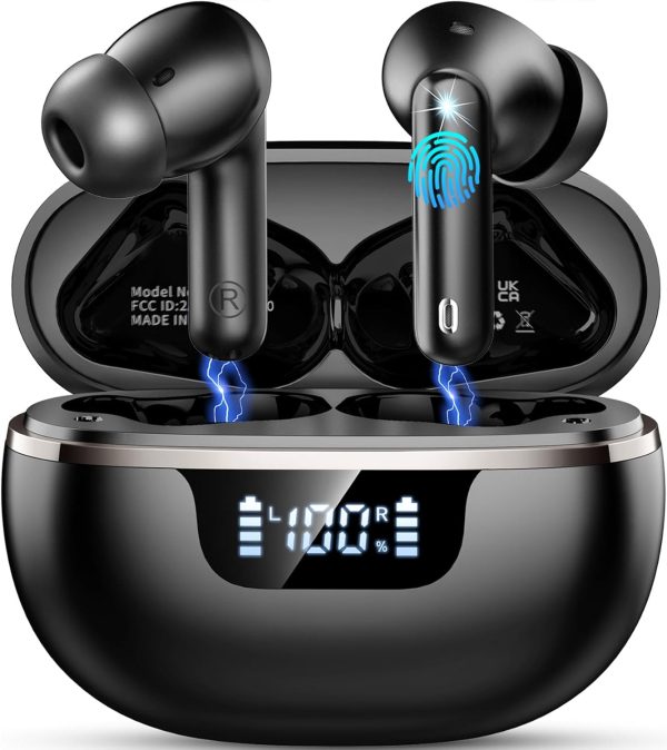 Wireless Earbuds, Bluetooth 5.4 Headphones with 4 ENC Noise Cancelling Microphone, Ear buds with HiFi Stereo Deep Bass, Bluetooth Earphones 40H Playtime LED Display, IP7 Waterproof Touch Control