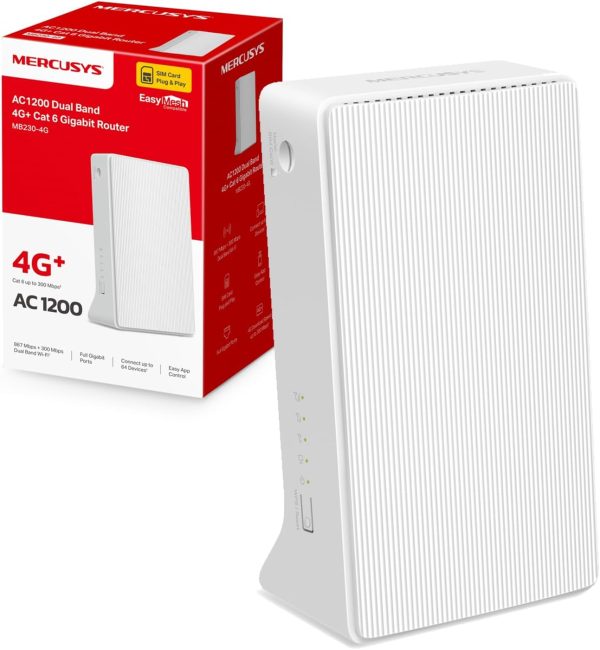 MERCUSYS MB230-4G AC1200 WiFi 4G+ CAT6 WiFi Router, Sim Slot Unlocked, Dual Band 1200 Mbps Fast Speed, Gigabit Ethernet Port, Sim Card Router, Plug & Play, Superfast 4G+ LTE Speed, App Control