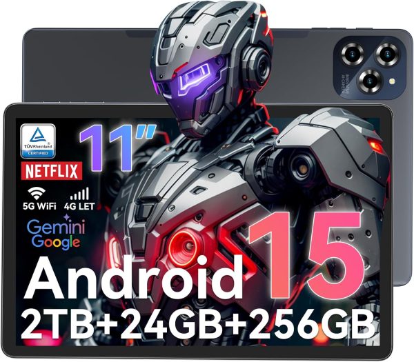 2025 Newest Android 15 AI Tablet,11 Inch Android Tablets With SIM Card Slot,24GB RAM+256GB ROM(TF 2TB),5G WIFI|Octa-Core|8000 mAH|Widevine L1| Netflix|8MP+16MP|Bluetooth 5.0|GPS,2-Year Warranty-Grey