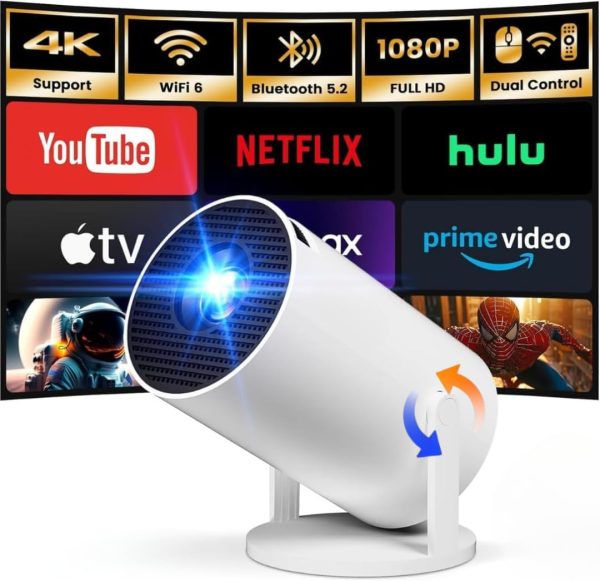 [Built-in Apps] Mini Projector with WIFI 6 and Bluetooth, 4K 1080P Support Portable Projector 180° Rotatable 130'' Screen Movie Projector Auto Keystone Compatible for Laptop, PC, Smartphone