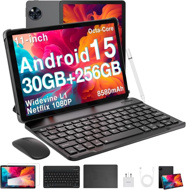 DOOGEE 2025 Newest Android 15 Tablets, U11 Pro 11 Inch Tablet, 30GB RAM+256GB ROM/ 2TB, 8580mAh, 90Hz Octa Core, Netflix 1080P, Widevine L1, BT5.0+5G WiFi, Tablet with Pen, Keyboard, Mouse&Case-Black